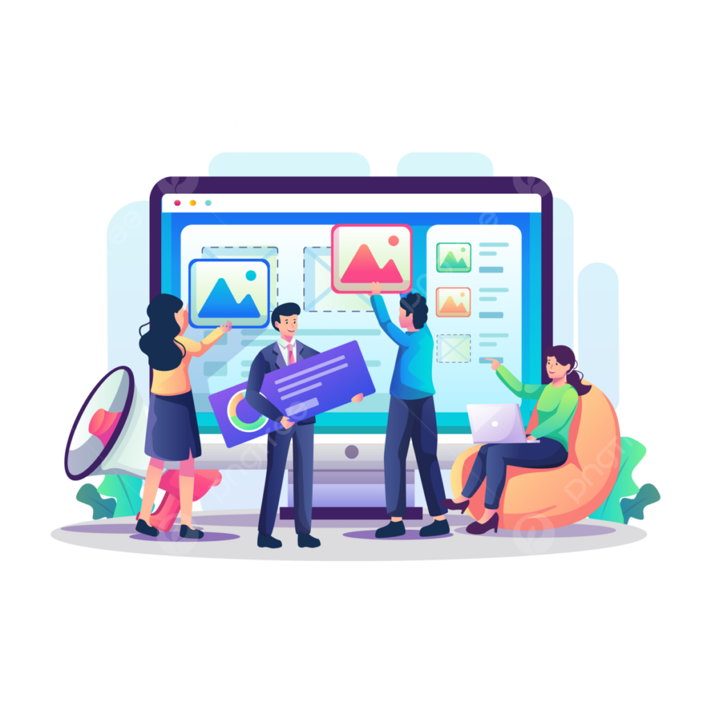 small people building website on computer